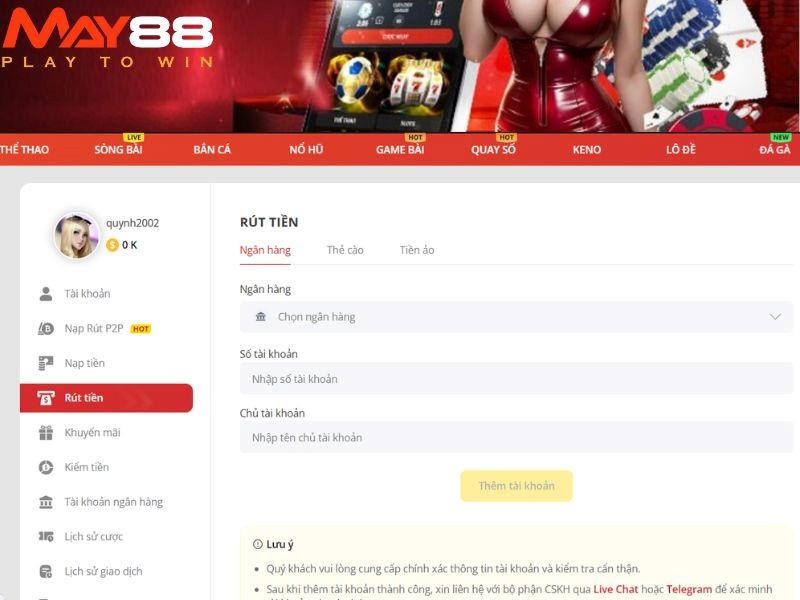 Rút tiền May88 qua ngân hàng