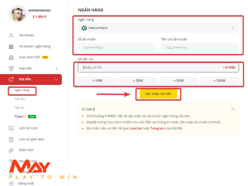 Thao tác rút tiền May88 siêu dễ dàng cho người mới